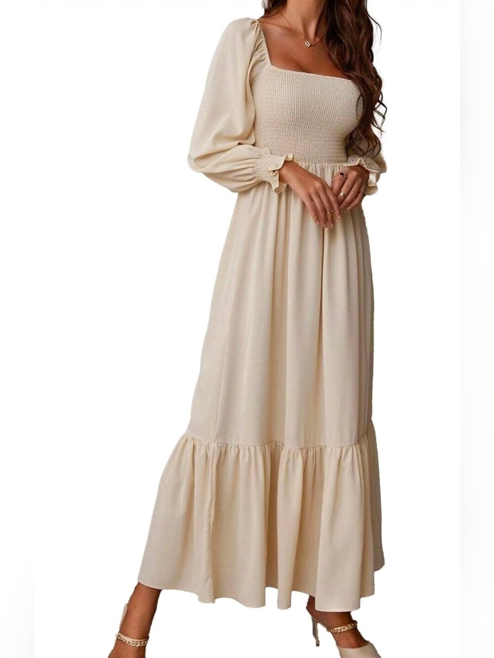 SHEIN | Dresses | Shein Smocked Offshoulder Cream Maxi Dress Puff ...